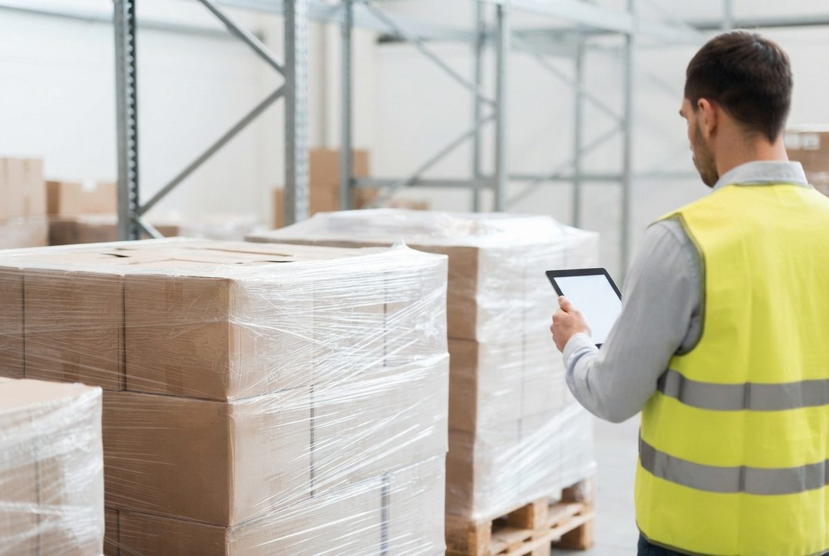 Palés de mercancía listos para cargar en un almacén logístico